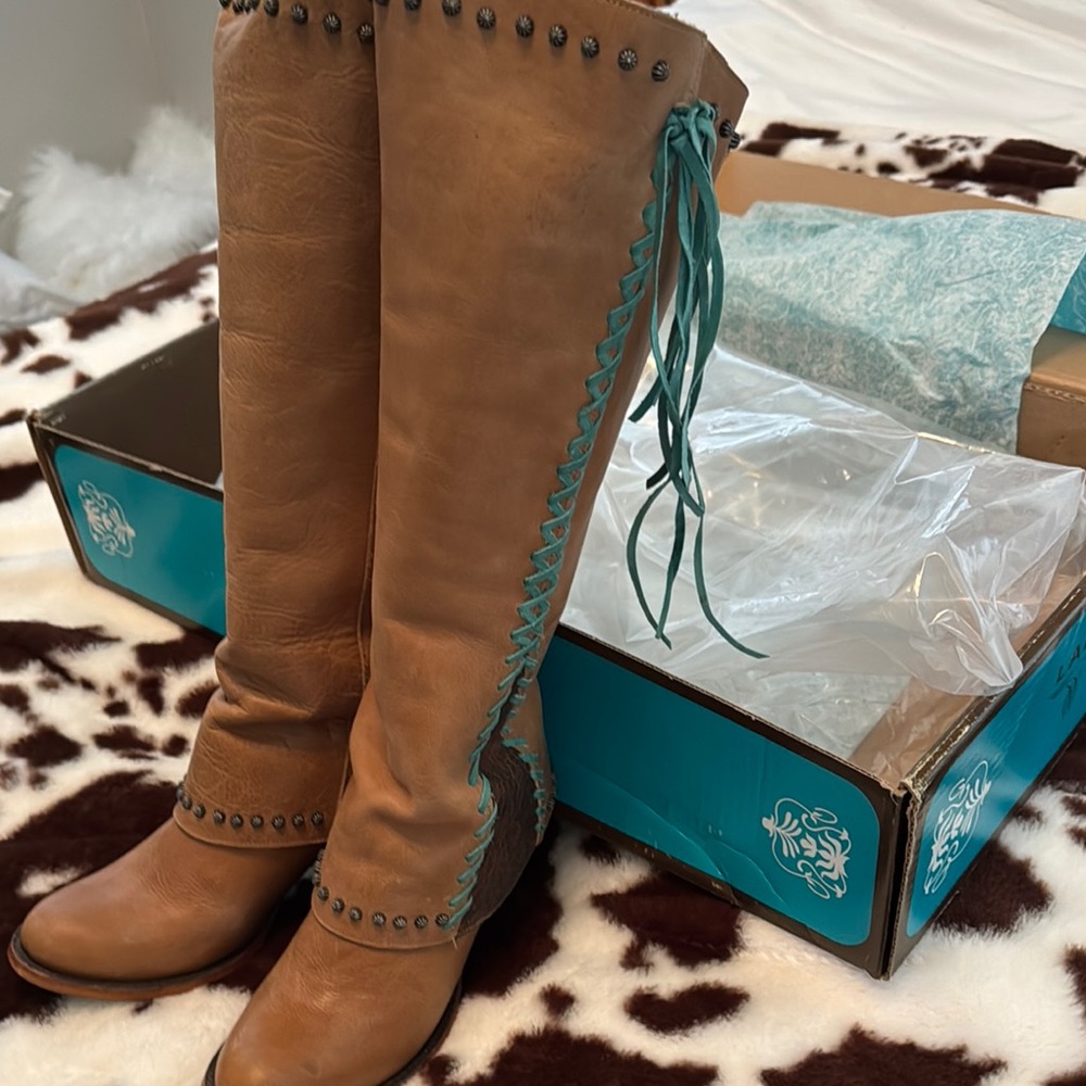 Lane Boots Women's Brown Leather Knee-High Heeled Boots with Teal Lace-Up Detail - Picture 2 of 7